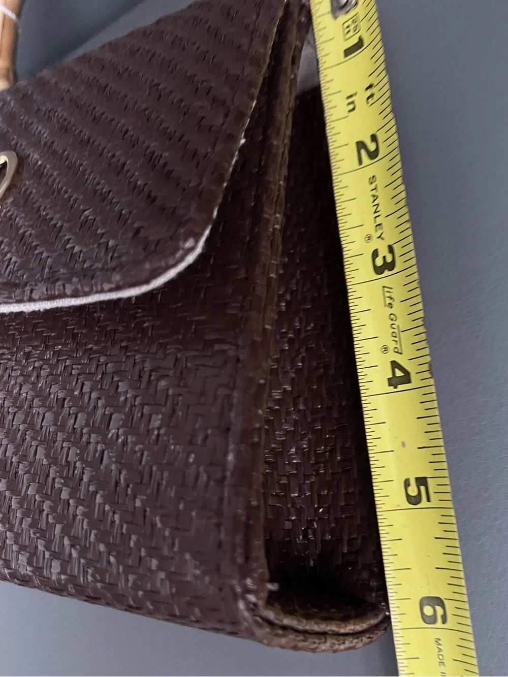 Tommy Bahama Woven Chocolate Brown Handbag  Bamboo Top Handles & GoldChain Strap